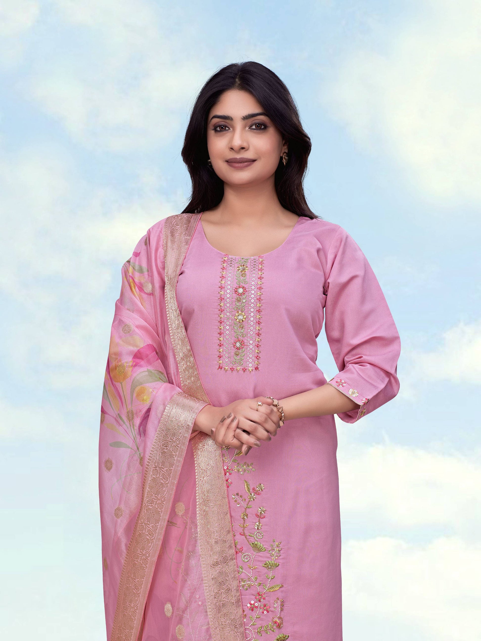 Monjolika Fashion Light Pink Roman Simar Embroidered Straight Suit