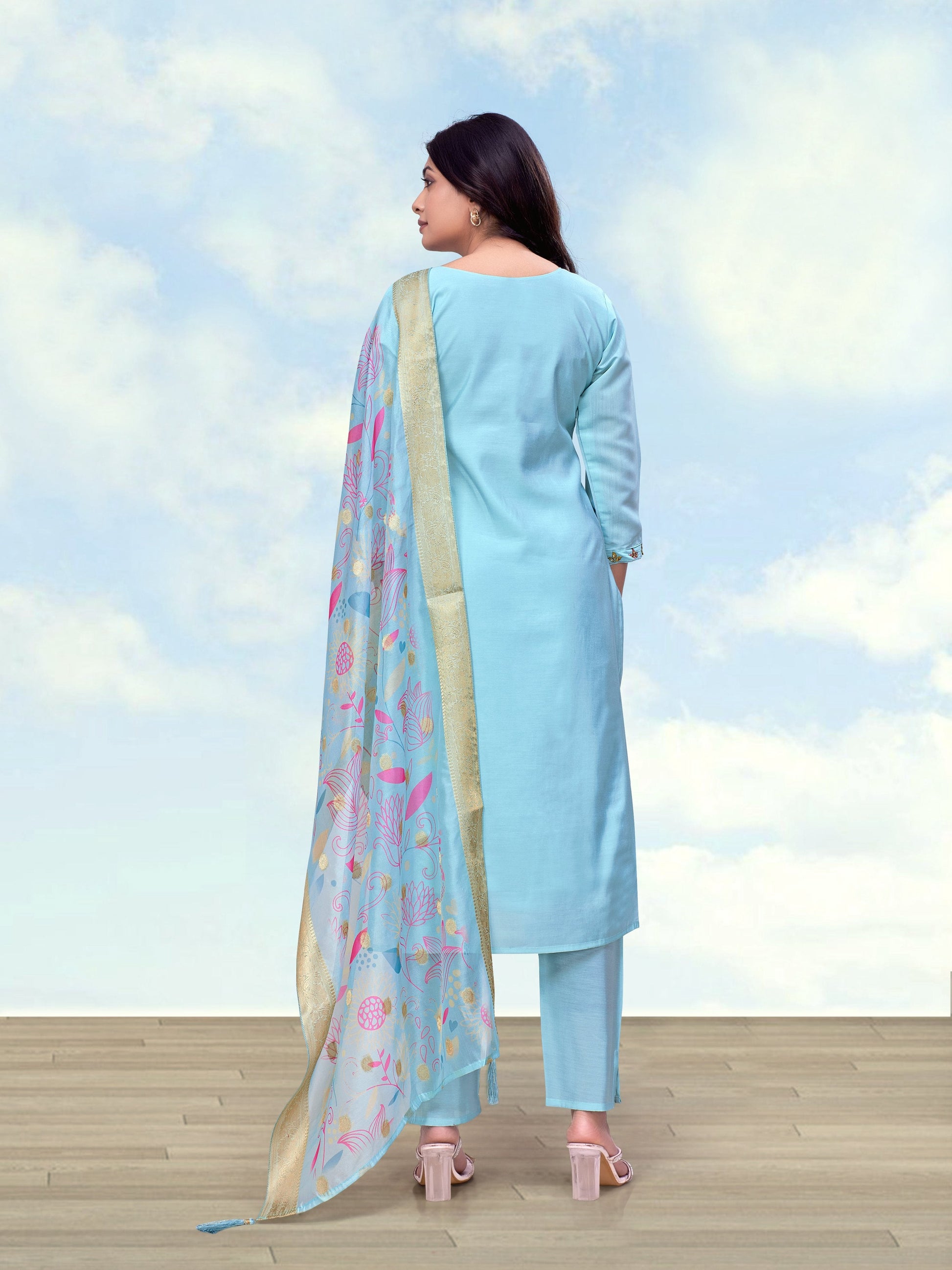 Monjolika Fashion Sky Blue Roman Simar Embroidered Straight Suit