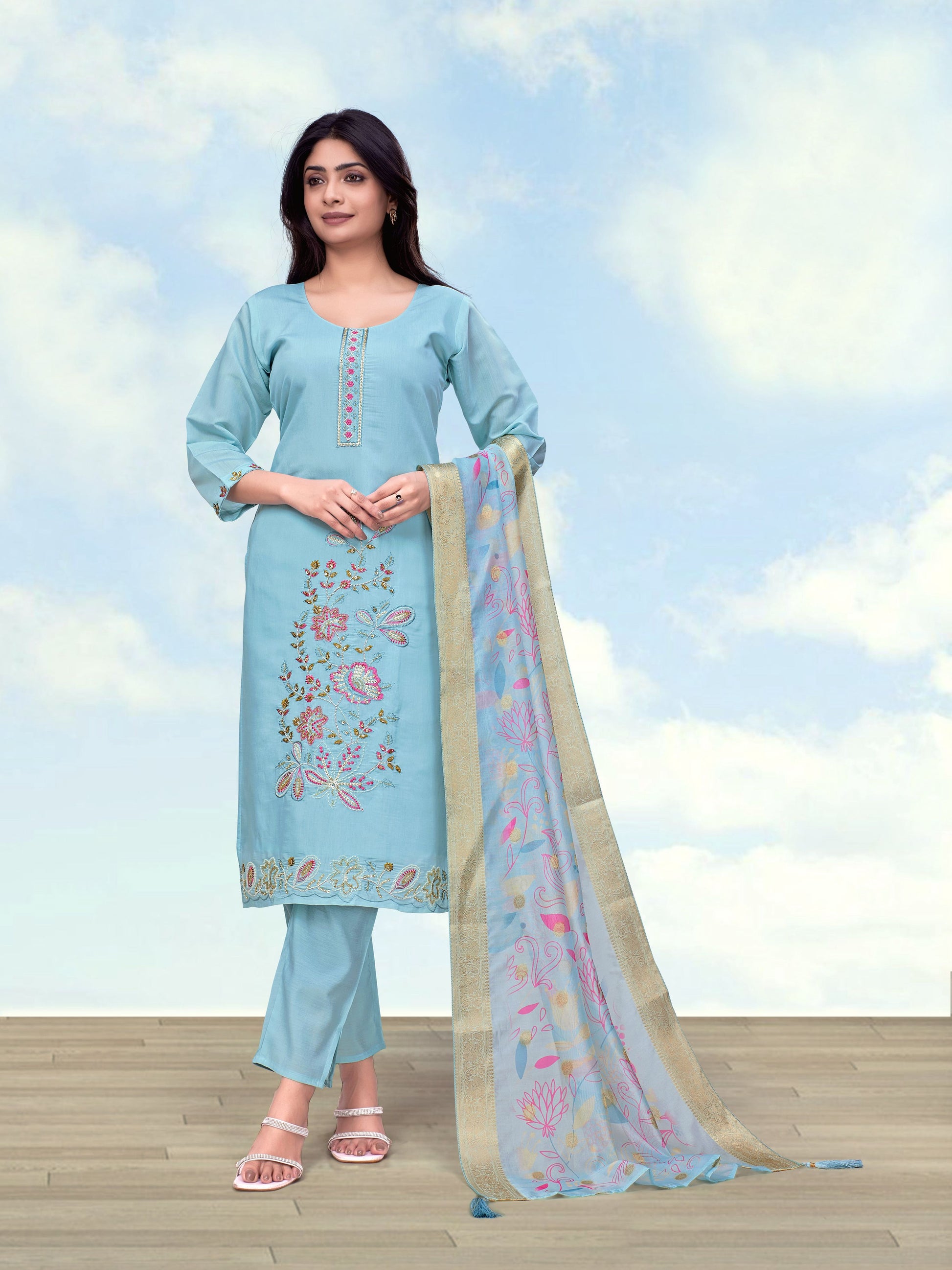 Monjolika Fashion Sky Blue Roman Simar Embroidered Straight Suit