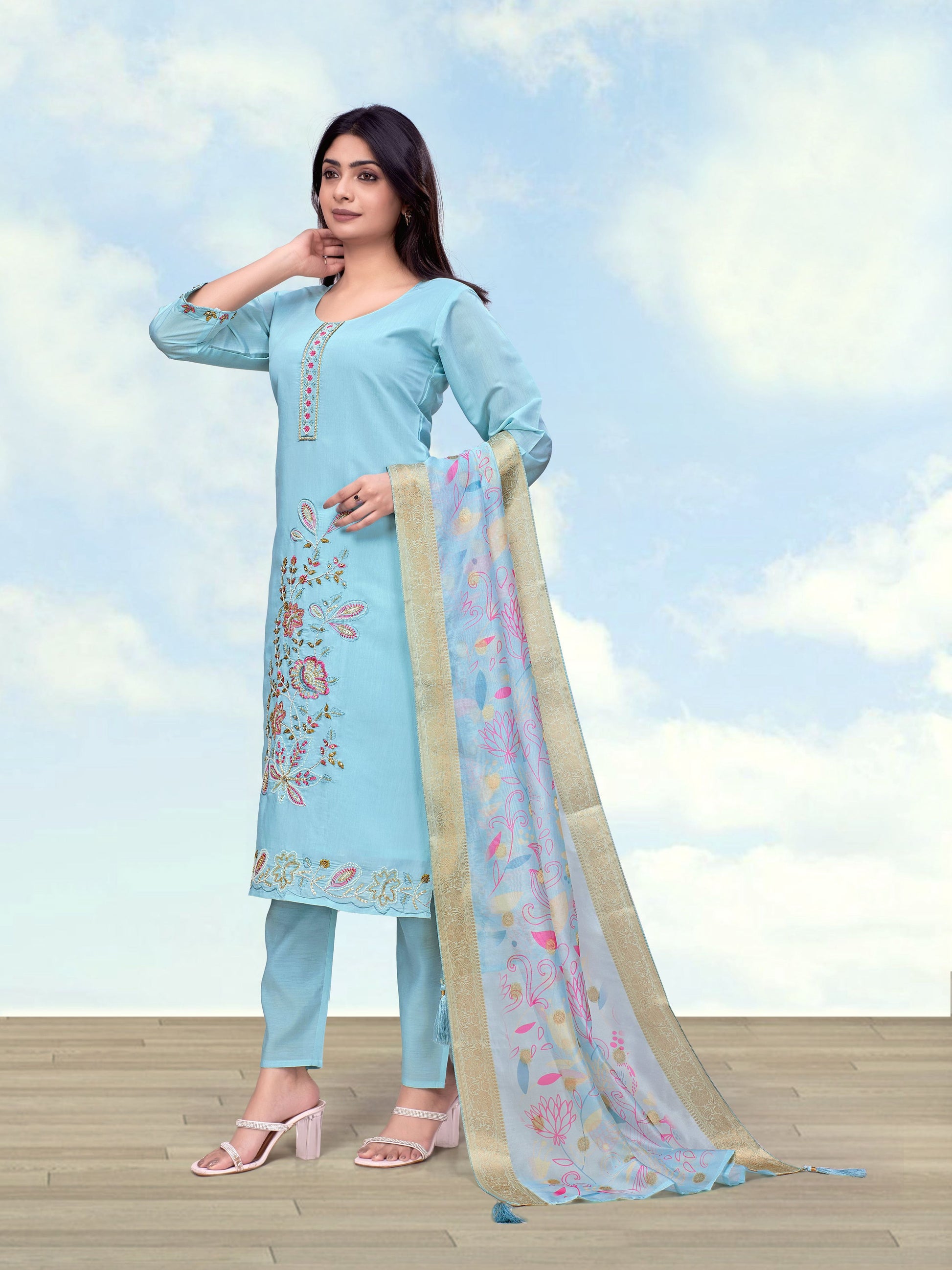Monjolika Fashion Sky Blue Roman Simar Embroidered Straight Suit