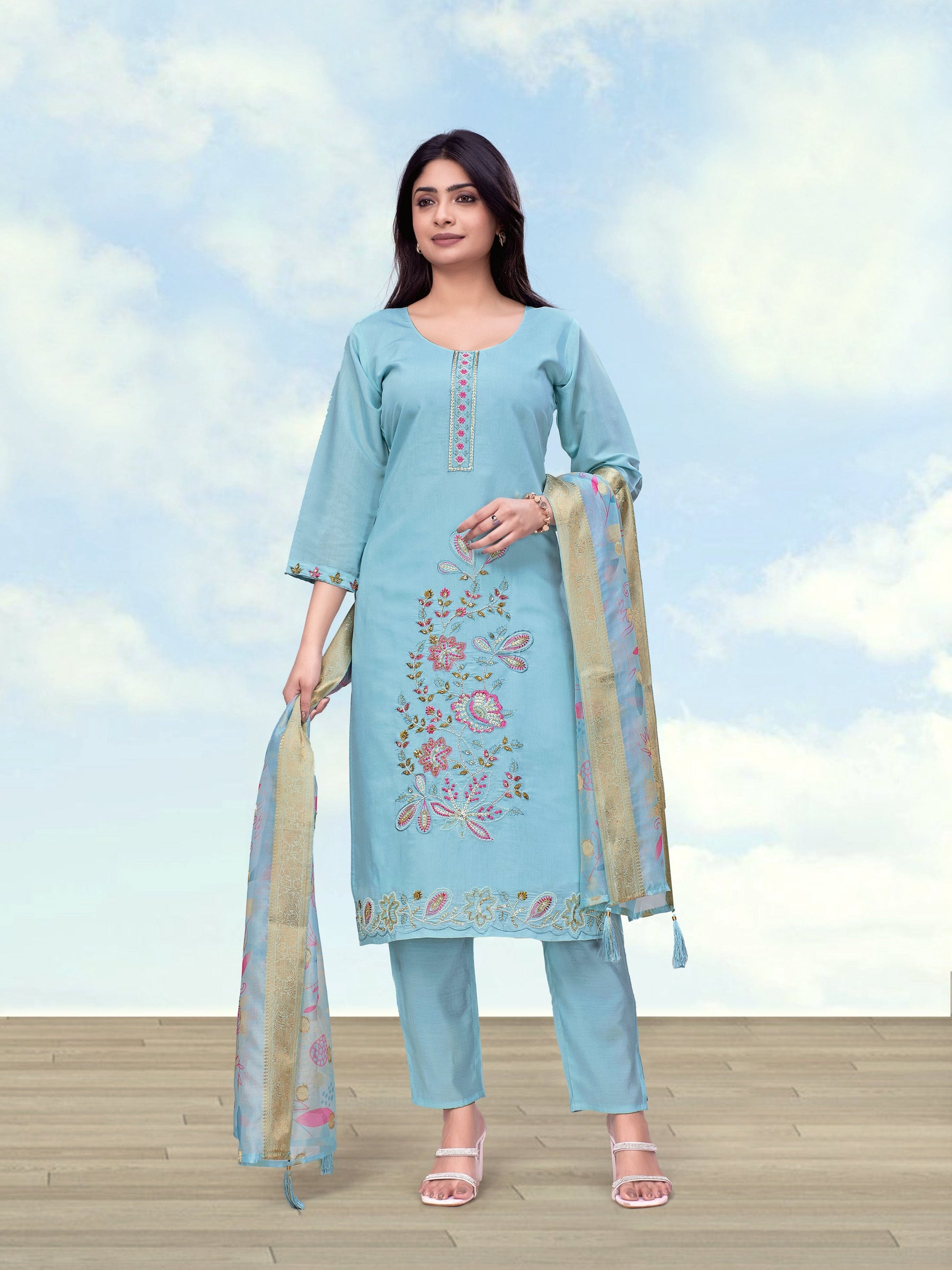 Monjolika Fashion Sky Blue Roman Simar Embroidered Straight Suit