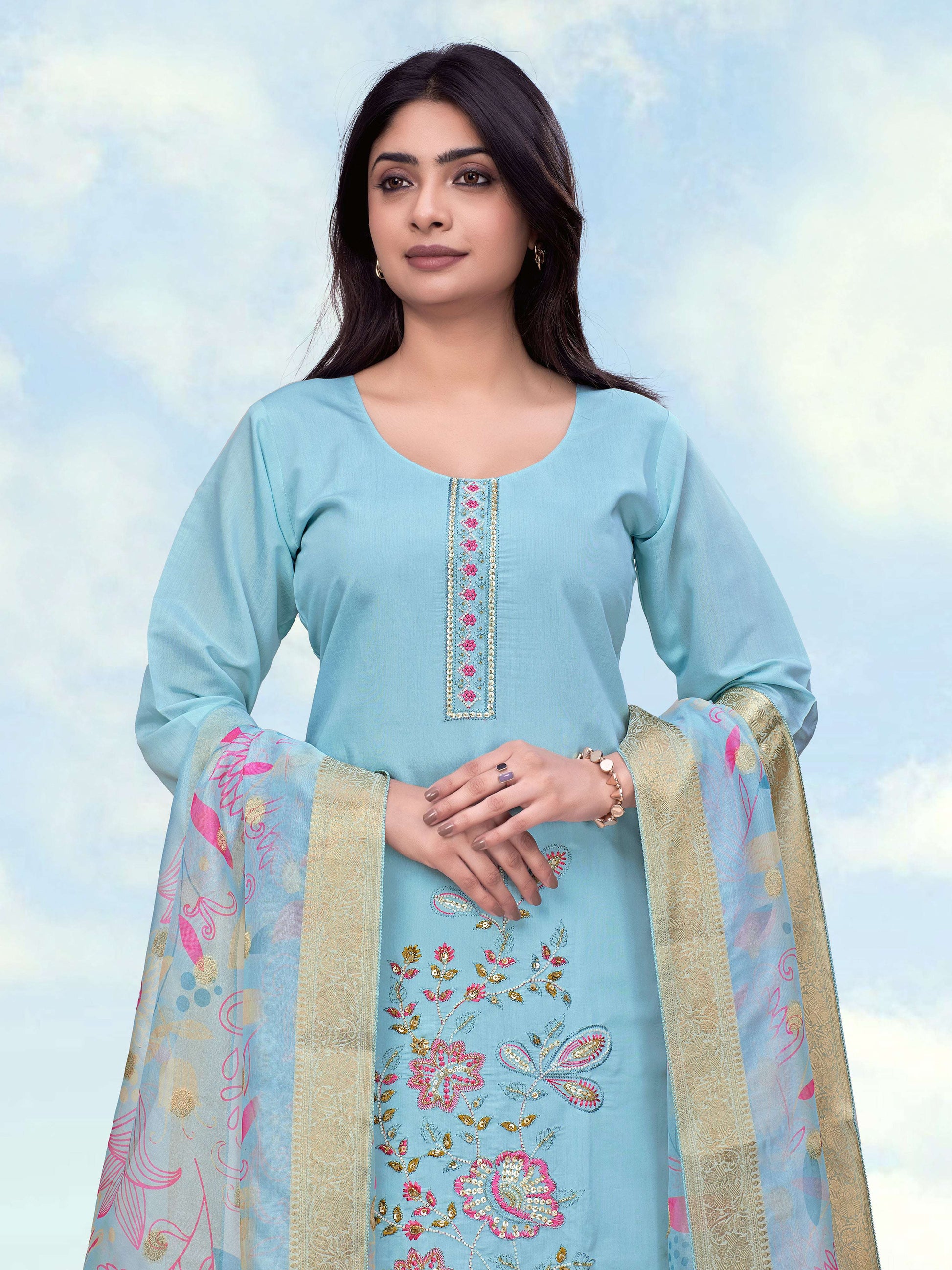 Monjolika Fashion Sky Blue Roman Simar Embroidered Straight Suit
