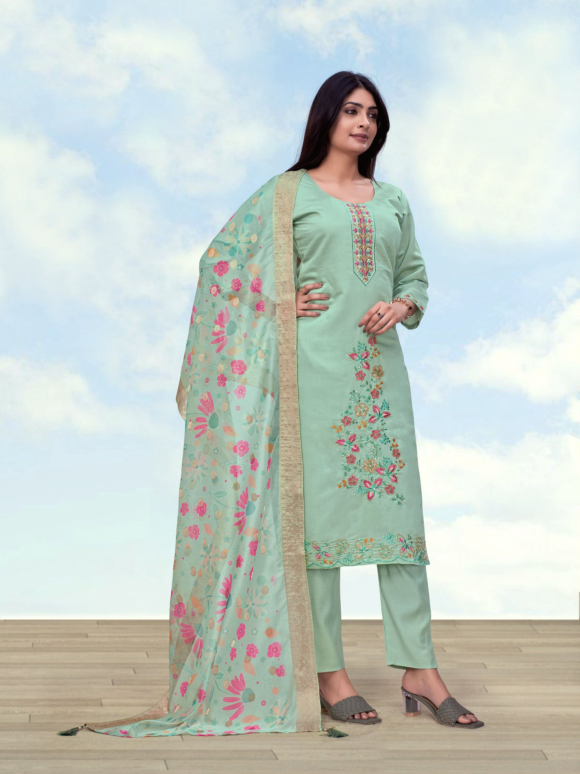 Monjolika Fashion Sea Green Roman Simar Embroidered Straight Suit