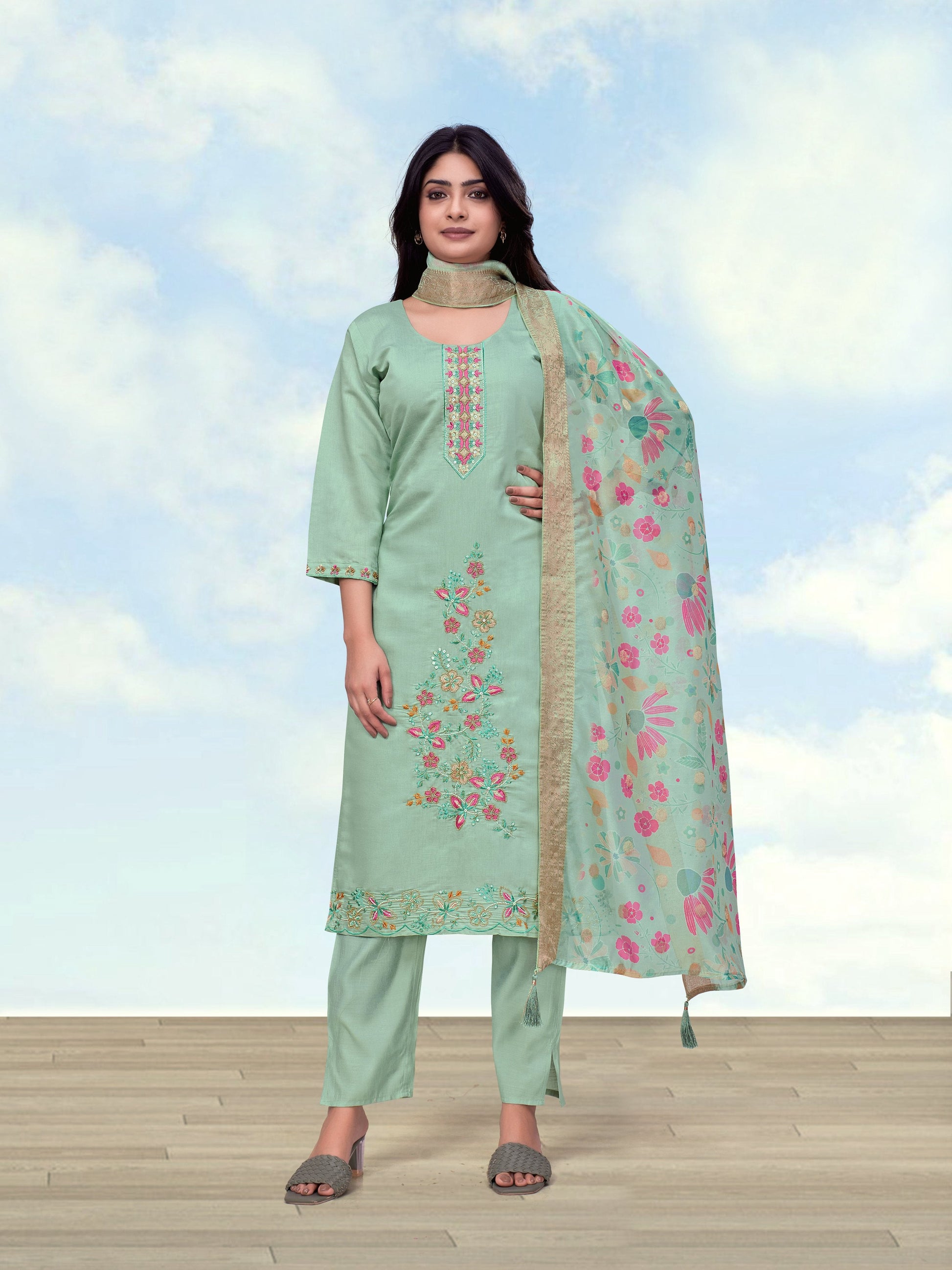 Monjolika Fashion Sea Green Roman Simar Embroidered Straight Suit