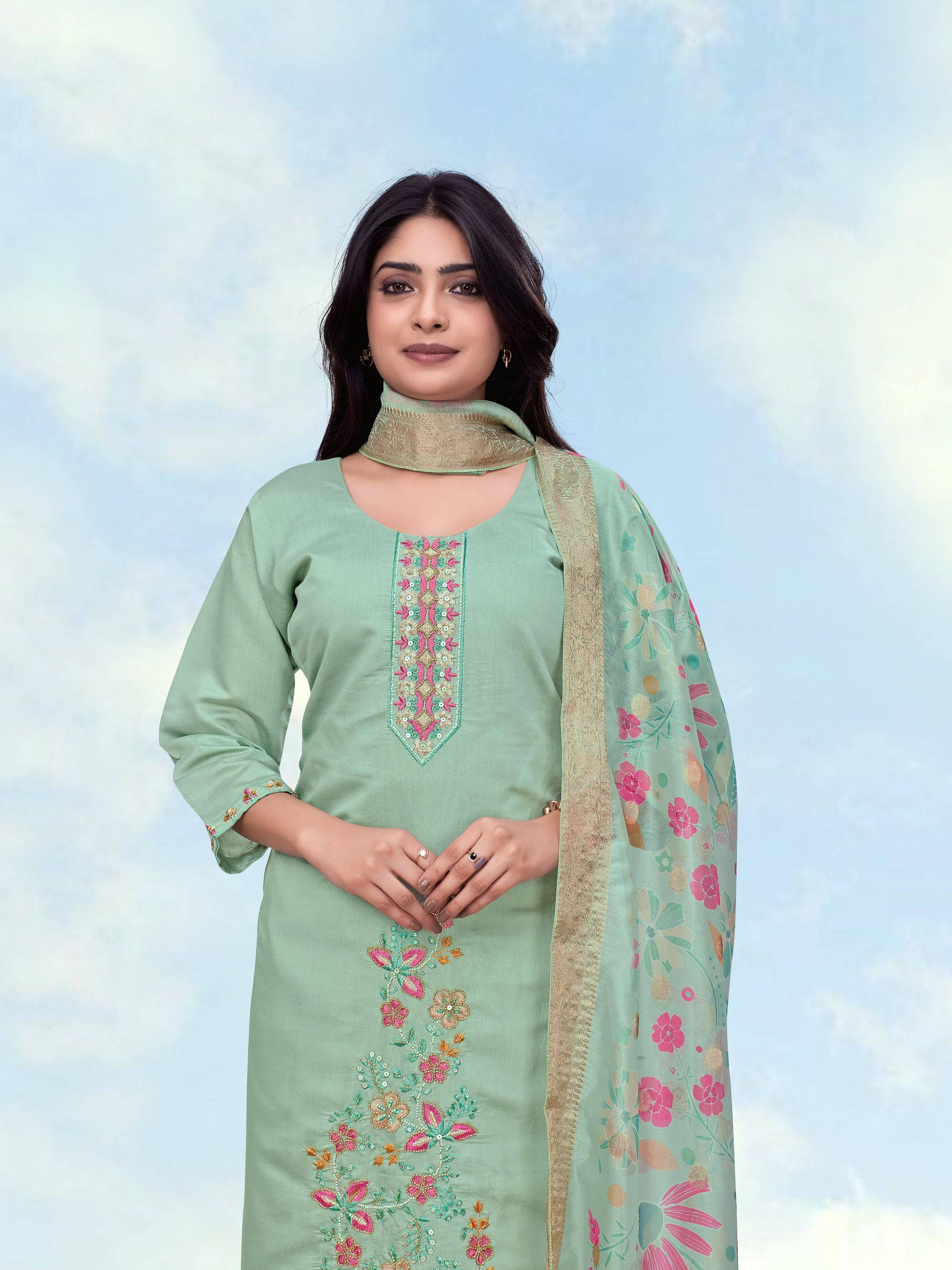 Monjolika Fashion Sea Green Roman Simar Embroidered Straight Suit