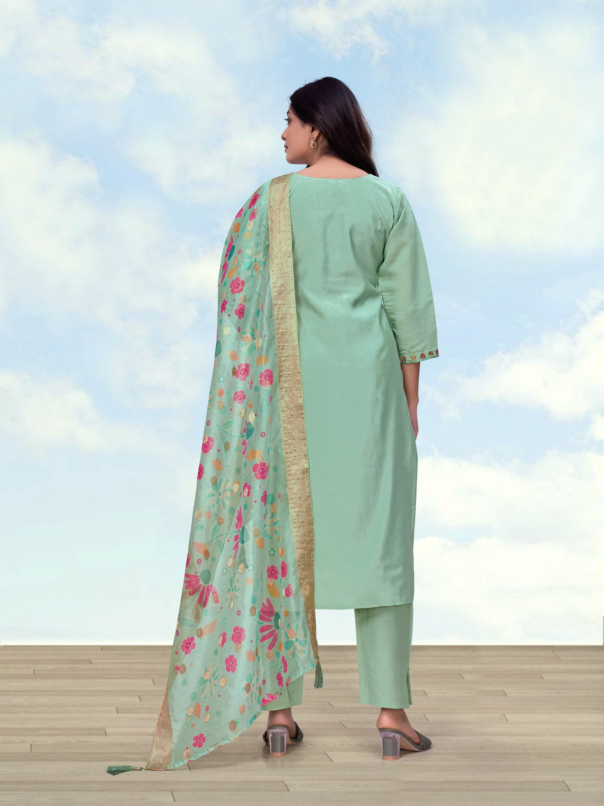 Monjolika Fashion Sea Green Roman Simar Embroidered Straight Suit