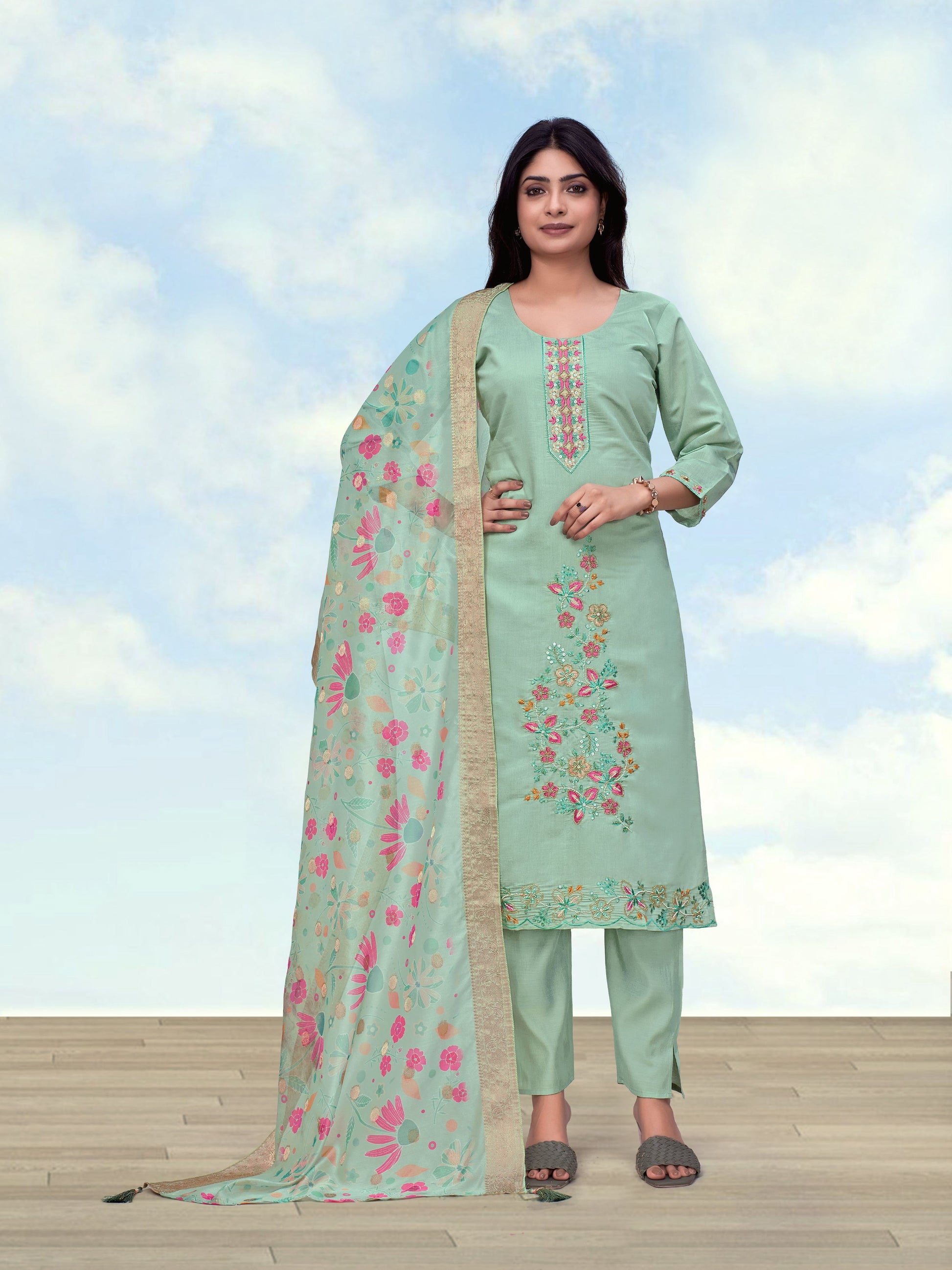Monjolika Fashion Sea Green Roman Simar Embroidered Straight Suit