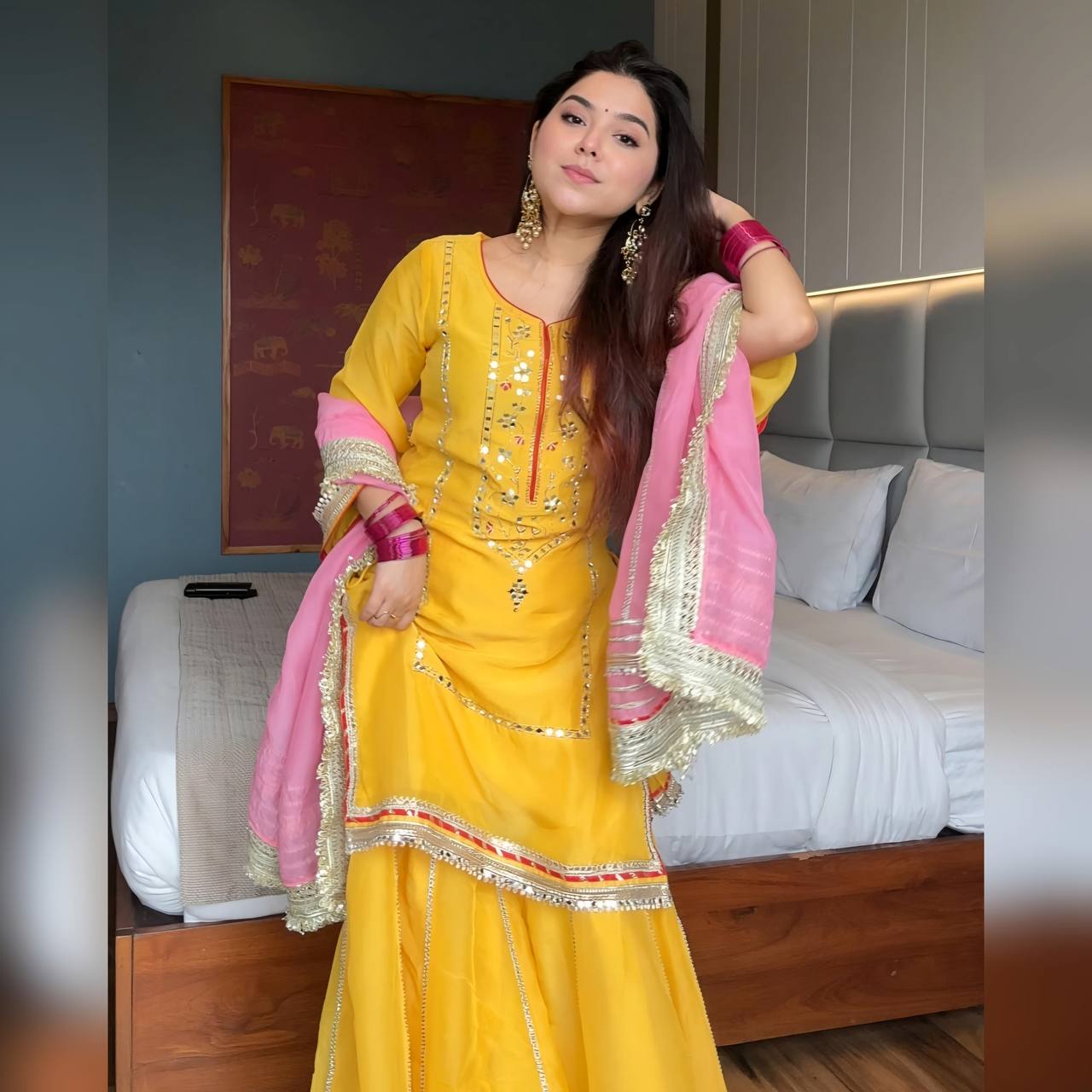 Yash Enterprise Yellow Chinon Silk Party Wear Sharara Suit Set  Grab2Buy Yash Enterprise Grab2Buy