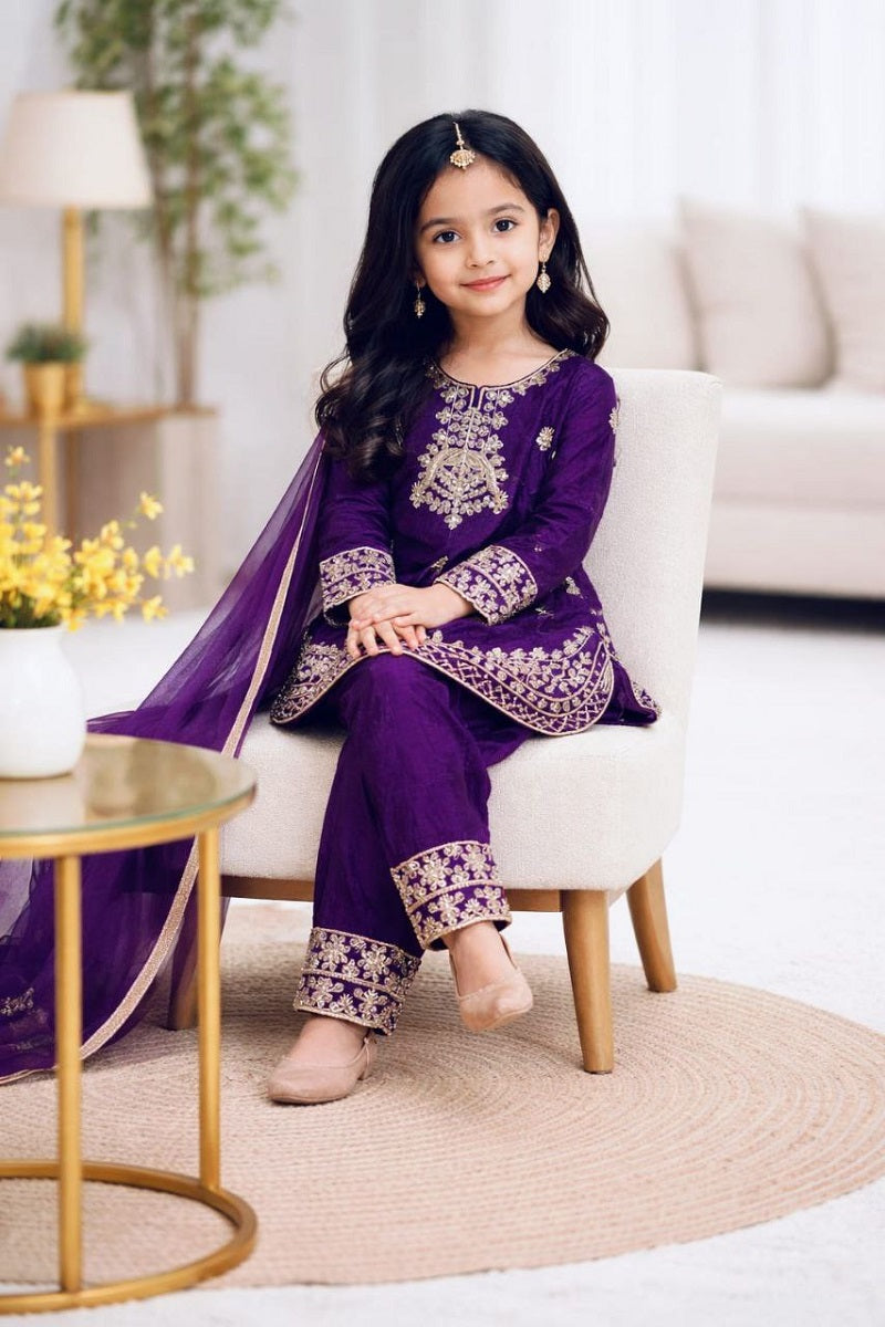 Evanik Purple Designer Party Wear Look Kids Top Salwar & Dupata