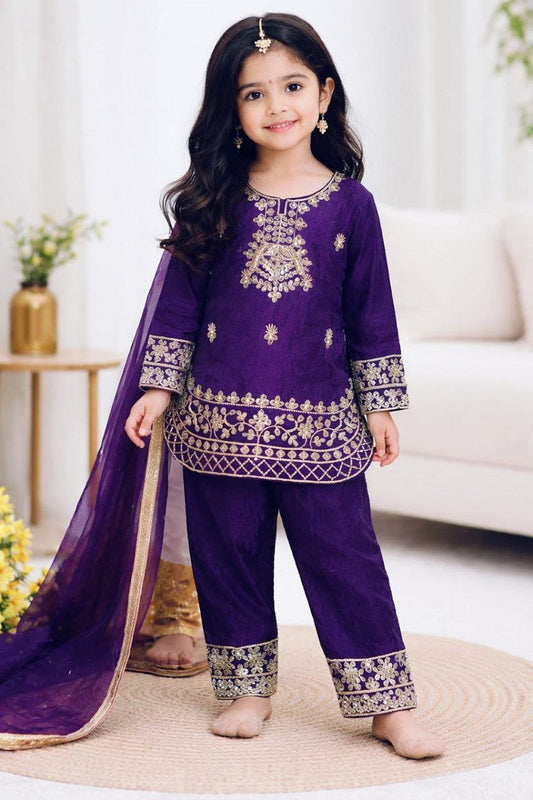 Evanik Purple Designer Party Wear Look Kids Top Salwar & Dupata