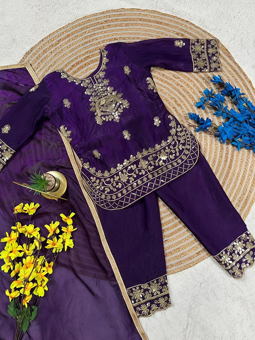 Evanik Purple Designer Party Wear Look Kids Top Salwar & Dupata