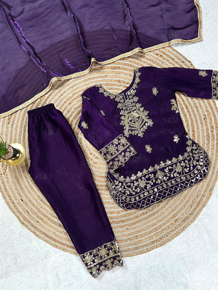 Evanik Purple Designer Party Wear Look Kids Top Salwar & Dupata