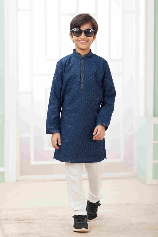 Raivat Ethnic Art Silk Embroidery Work Kids Kurta Pajama In Teal Blue Colour
