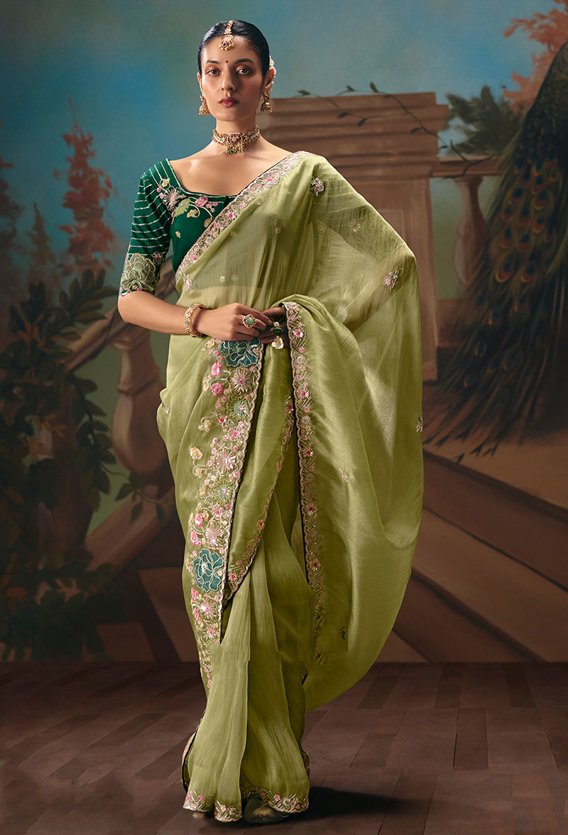 Monjolika Fashion Light Olive Green Fancy Fabric Saree With Embroidered Work