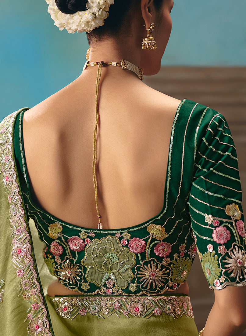 Monjolika Fashion Light Olive Green Fancy Fabric Saree With Embroidered Work