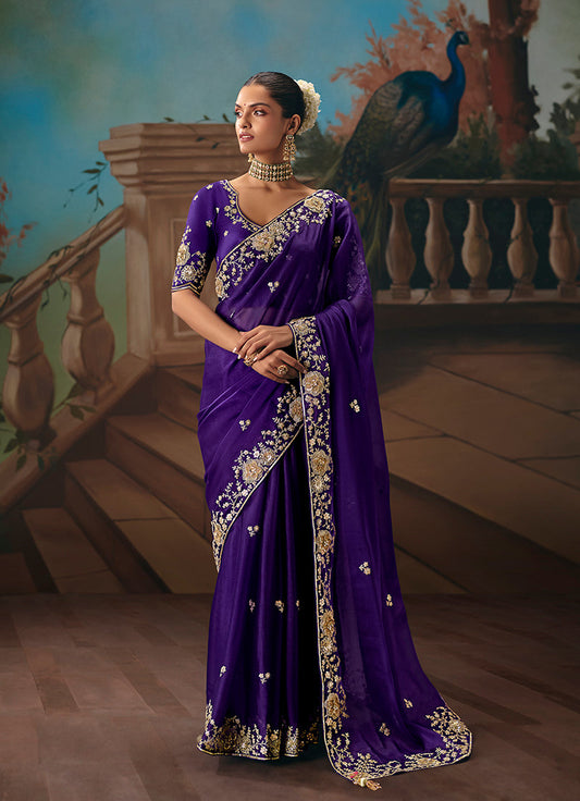 Monjolika Fashion Purple Fancy Fabric Saree With Embroidered Work