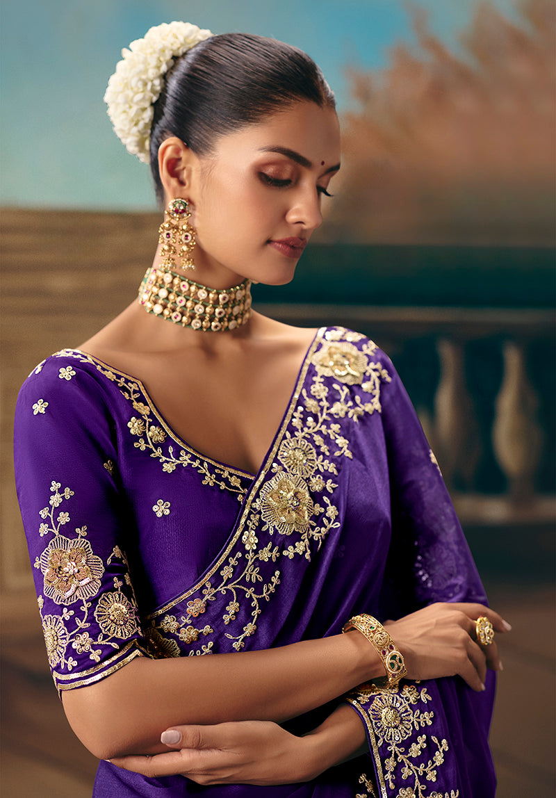 Monjolika Fashion Purple Fancy Fabric Saree With Embroidered Work