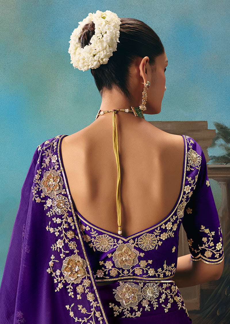 Monjolika Fashion Purple Fancy Fabric Saree With Embroidered Work