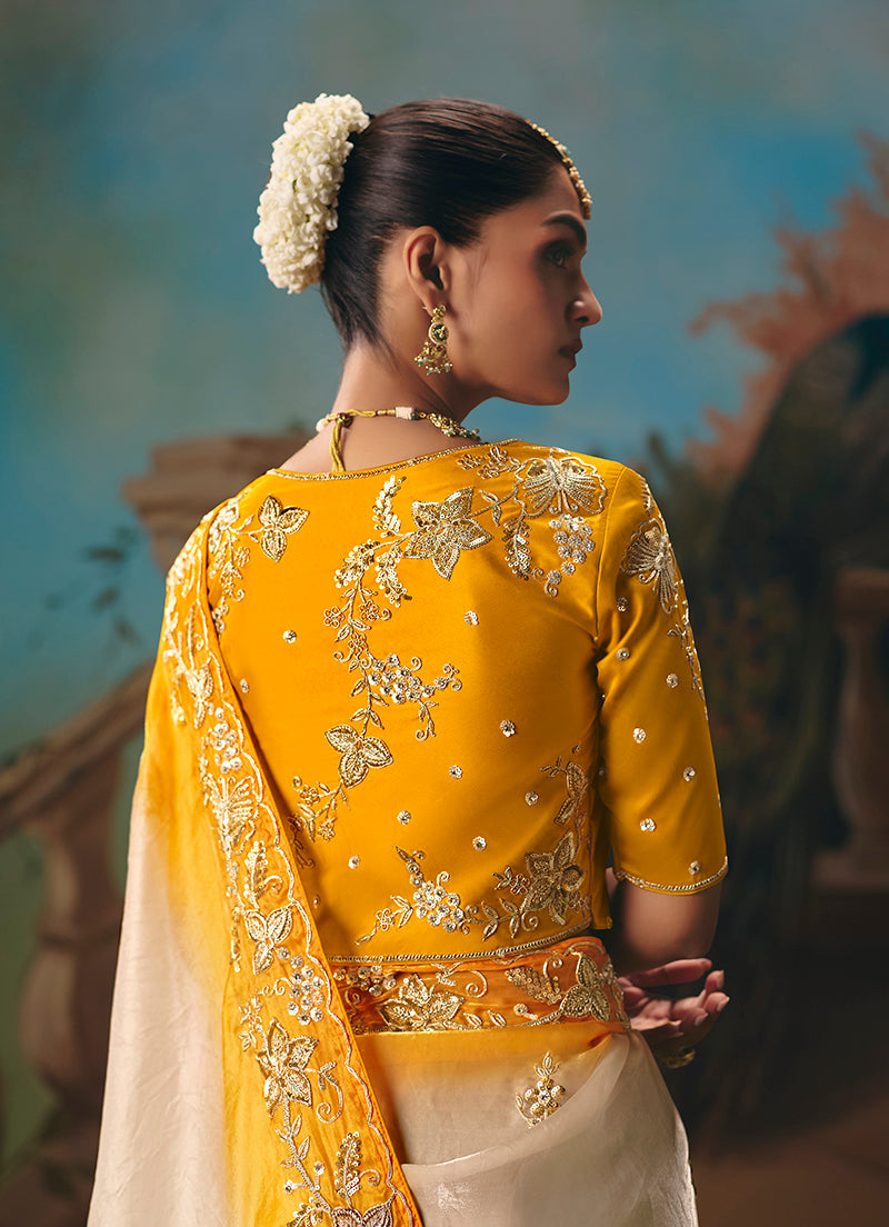 Monjolika Fashion Cream Fancy Fabric Saree With Embroidered Work