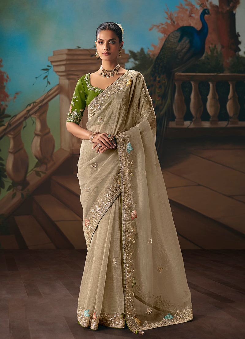 Monjolika Fashion Beige Fancy Fabric Saree With Embroidered Work