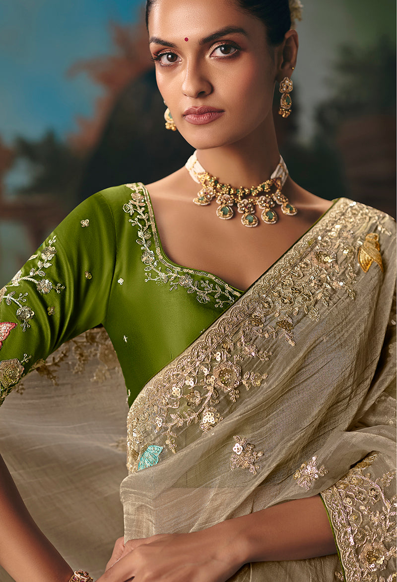 Monjolika Fashion Beige Fancy Fabric Saree With Embroidered Work
