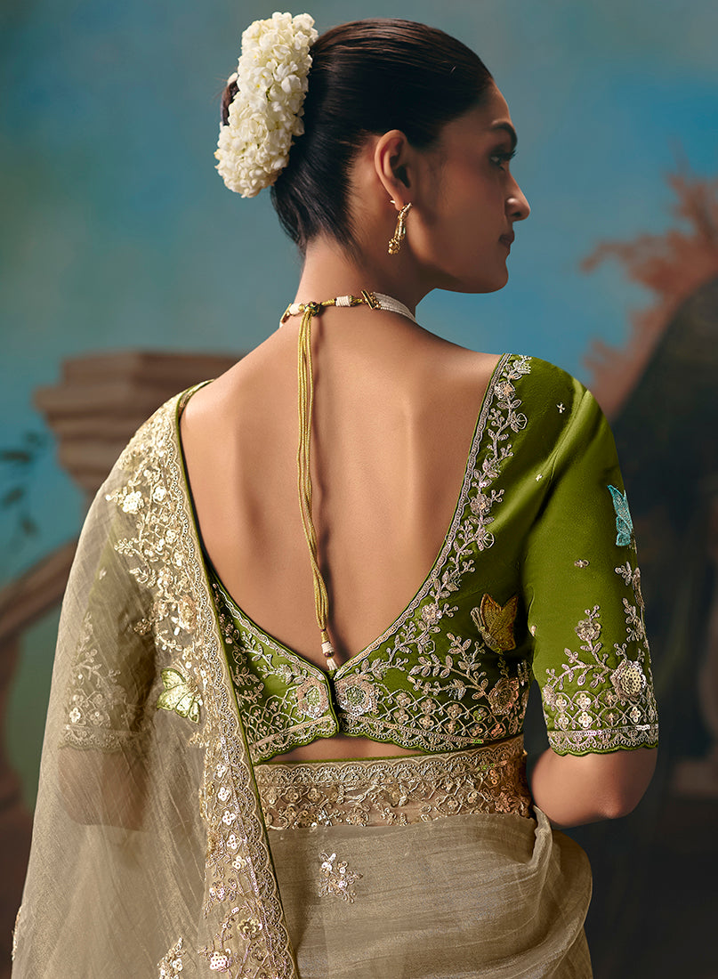 Monjolika Fashion Beige Fancy Fabric Saree With Embroidered Work
