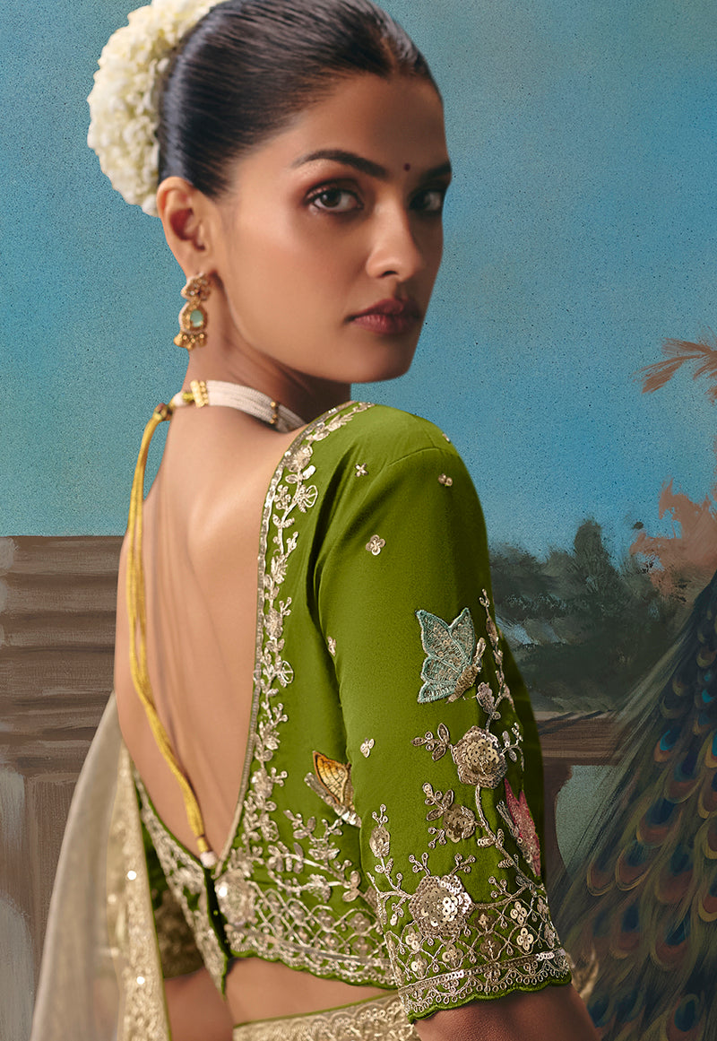 Monjolika Fashion Beige Fancy Fabric Saree With Embroidered Work