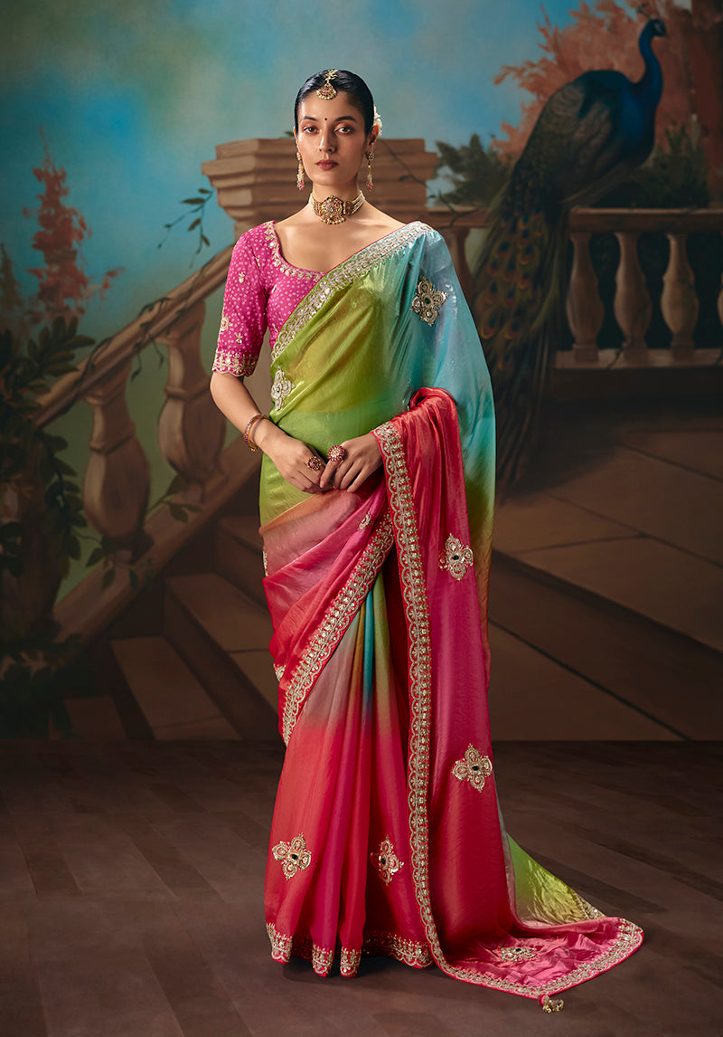 Monjolika Fashion Multicolor Fancy Fabric Saree With Embroidered Work
