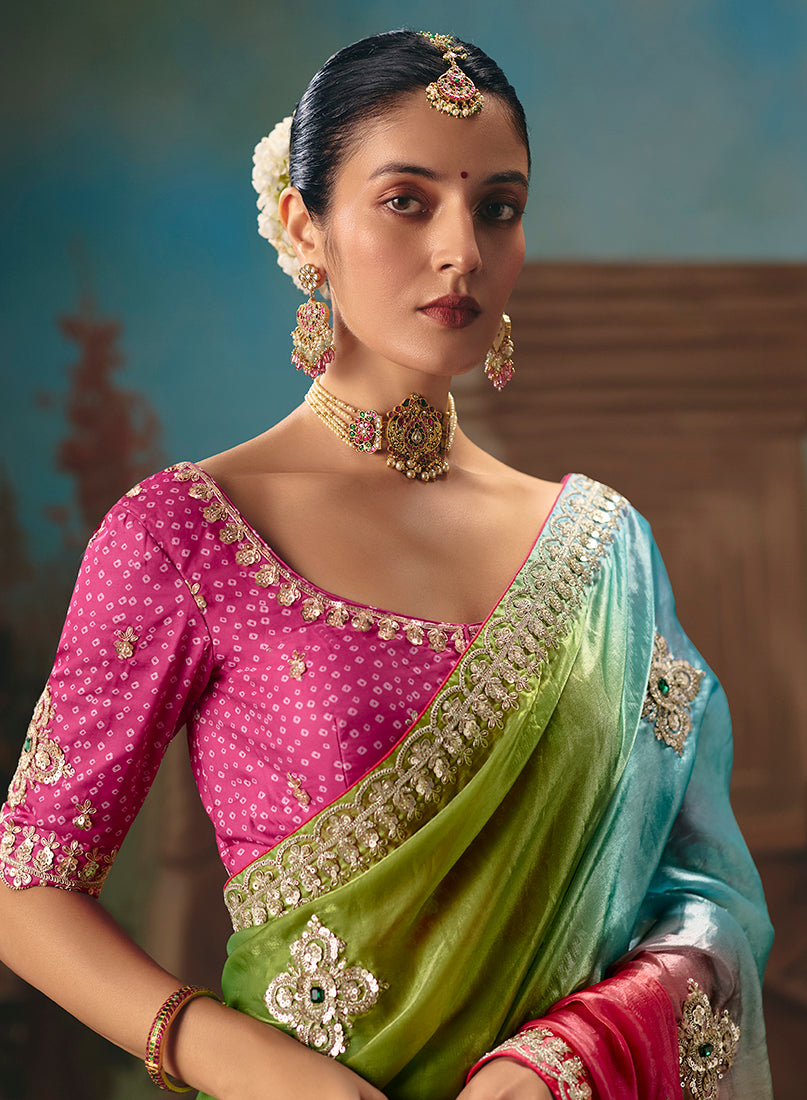 Monjolika Fashion Multicolor Fancy Fabric Saree With Embroidered Work