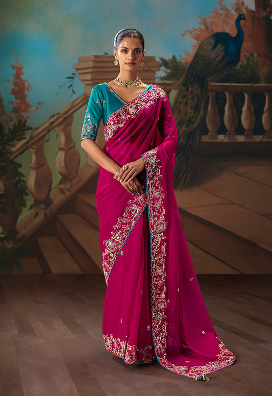 Monjolika Fashion Rani Pink Fancy Fabric Saree With Embroidered Work