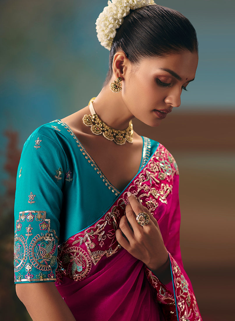 Monjolika Fashion Rani Pink Fancy Fabric Saree With Embroidered Work