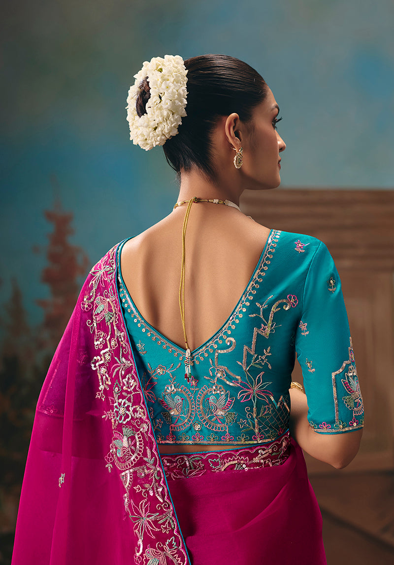 Monjolika Fashion Rani Pink Fancy Fabric Saree With Embroidered Work