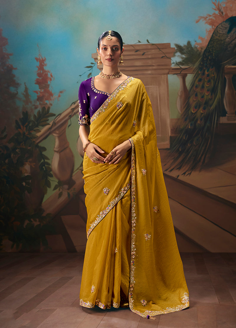 Monjolika Fashion Mustard Fancy Fabric Saree With Embroidered Work
