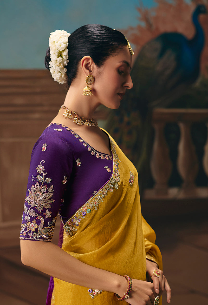 Monjolika Fashion Mustard Fancy Fabric Saree With Embroidered Work