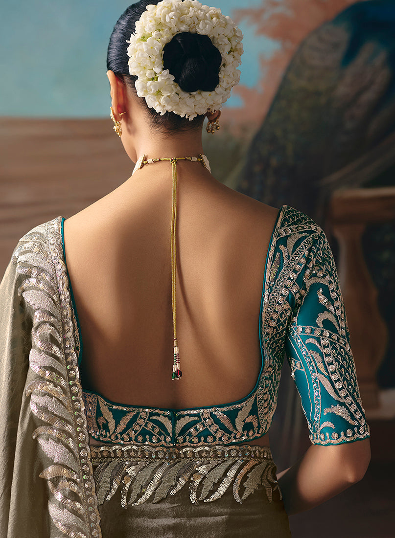 Monjolika Fashion Grey Fancy Fabric Saree With Embroidered Work
