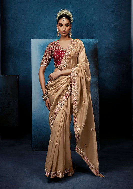 Monjolika Fashion Beige Fancy Fabric Embroidered Saree With Stitched Blouse