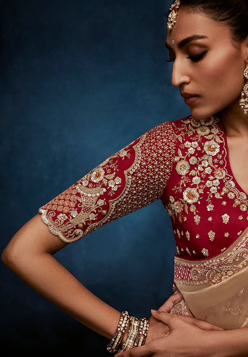 Monjolika Fashion Beige Fancy Fabric Embroidered Saree With Stitched Blouse