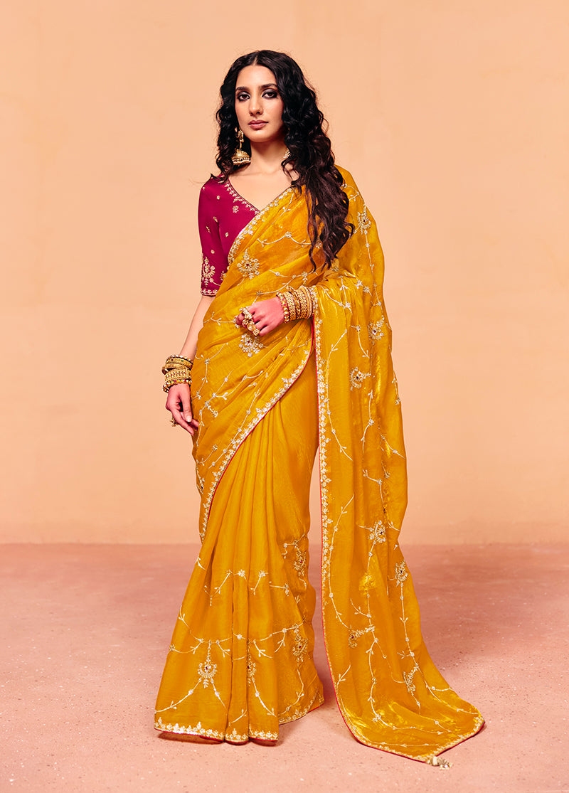 Monjolika Fashion Mustard Yellow Faux Organza Satin Saree With Embroidery