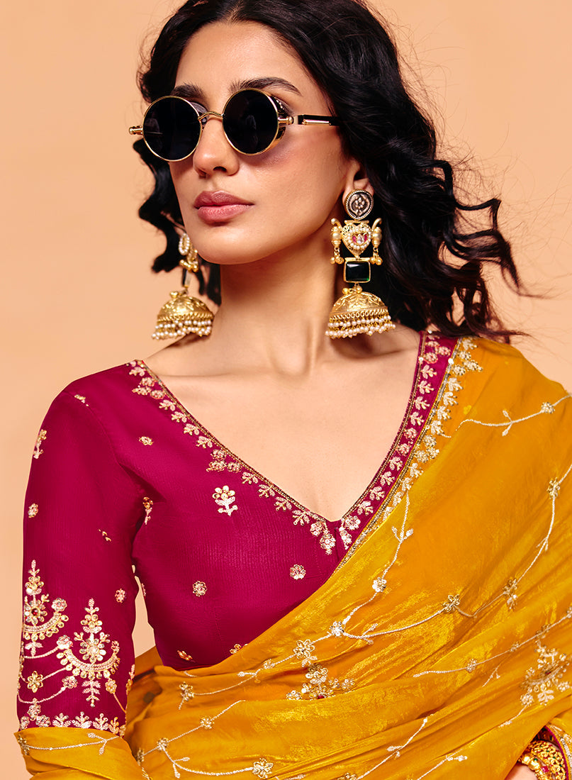 Monjolika Fashion Mustard Yellow Faux Organza Satin Saree With Embroidery