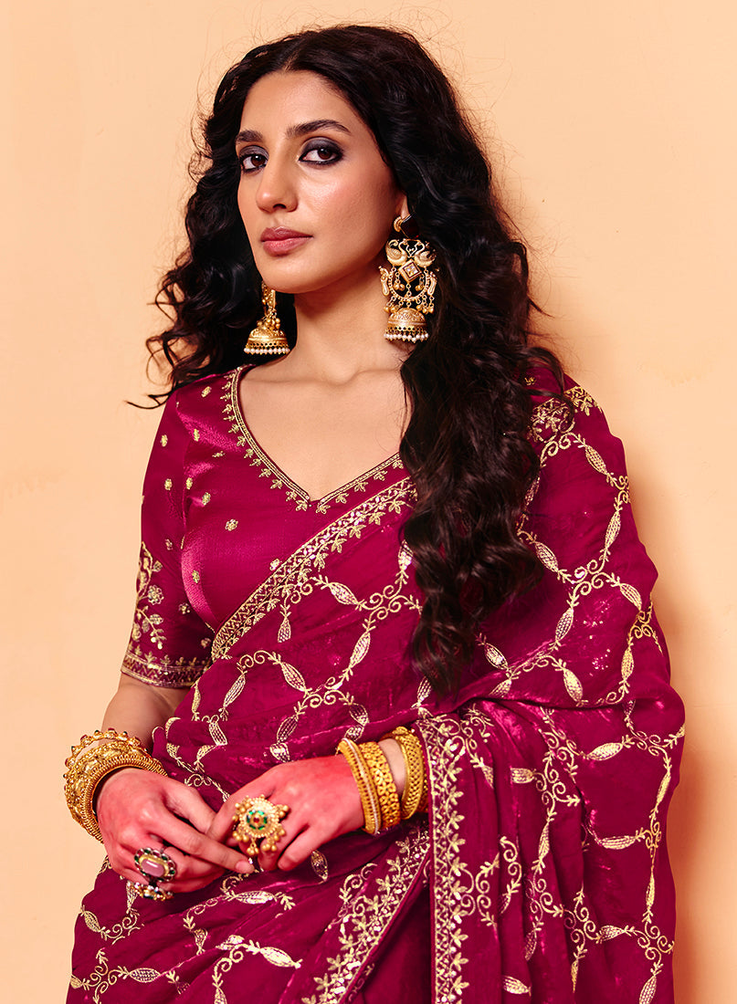 Monjolika Fashion Rani Pink Faux Organza Satin Saree With Embroidery