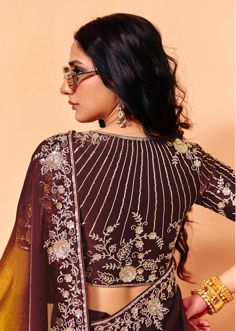 Monjolika Fashion Golden Brown Faux Organza Satin Saree With Embroidery