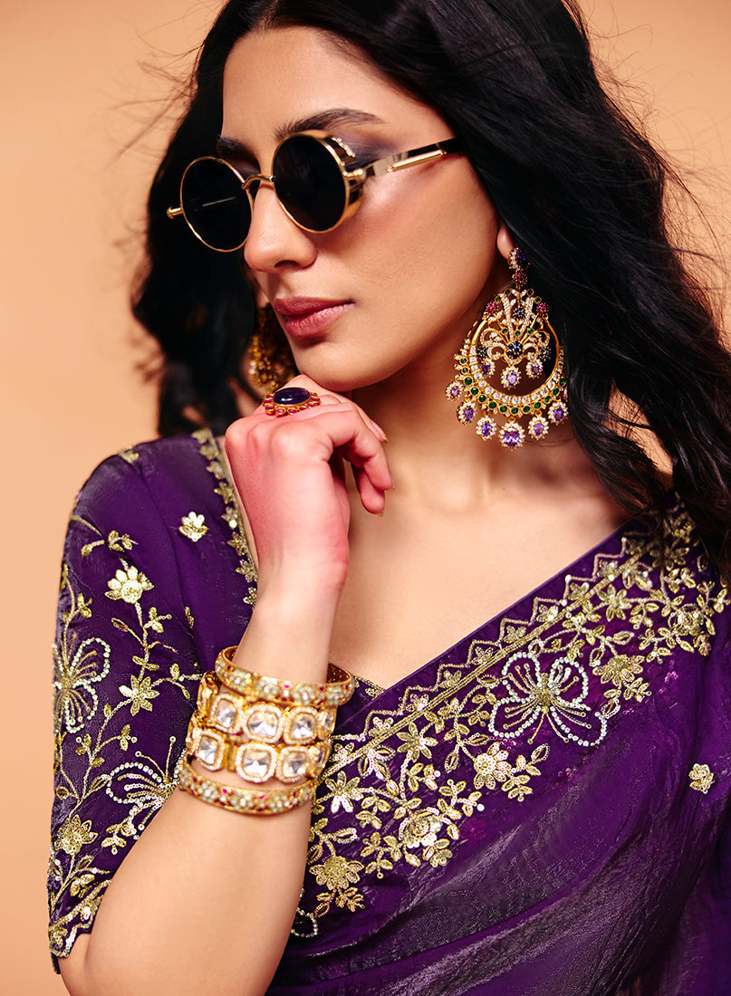 Monjolika Fashion Purple Faux Organza Satin Saree With Embroidery