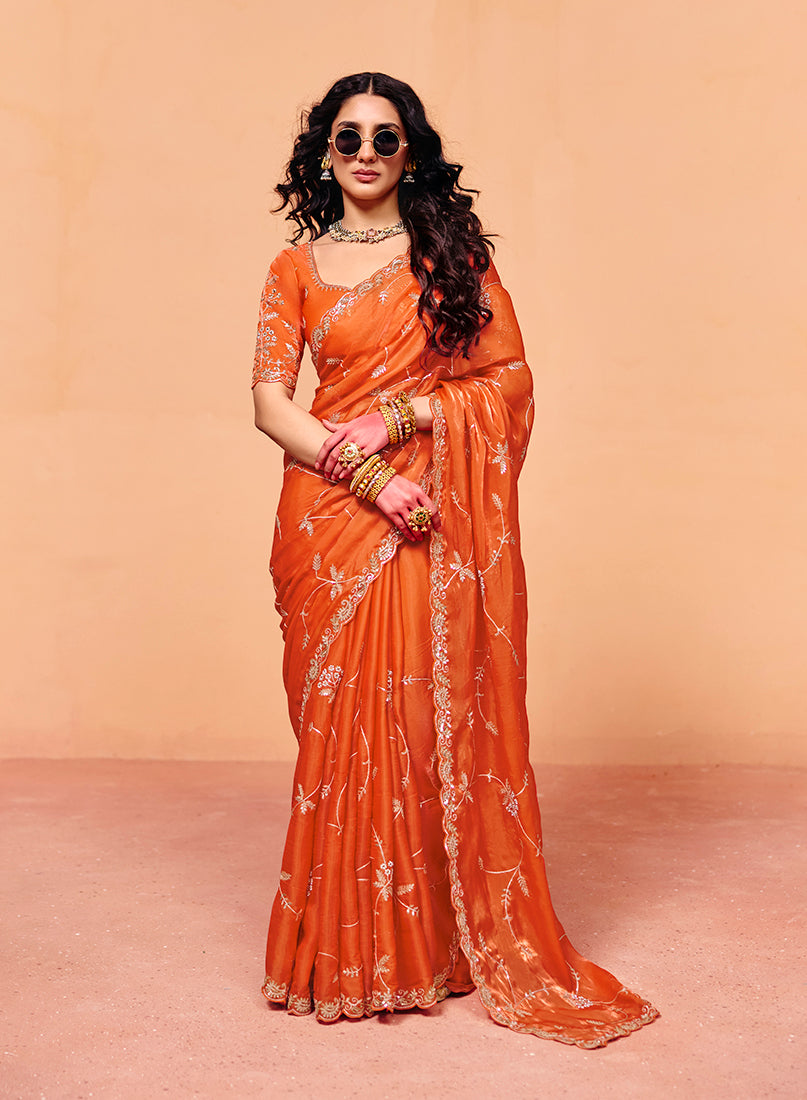 Monjolika Fashion Orange Faux Organza Satin Saree With Embroidery