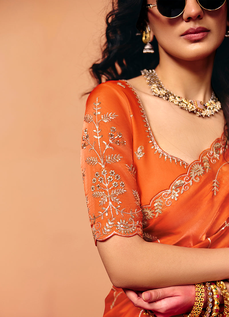 Monjolika Fashion Orange Faux Organza Satin Saree With Embroidery