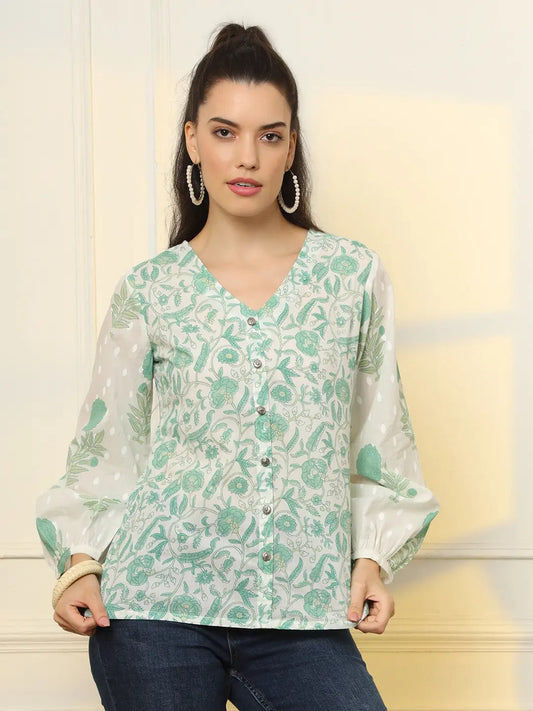 Yufta White And Green Printed Cotton Top  Grab2Buy Yufta Grab2Buy