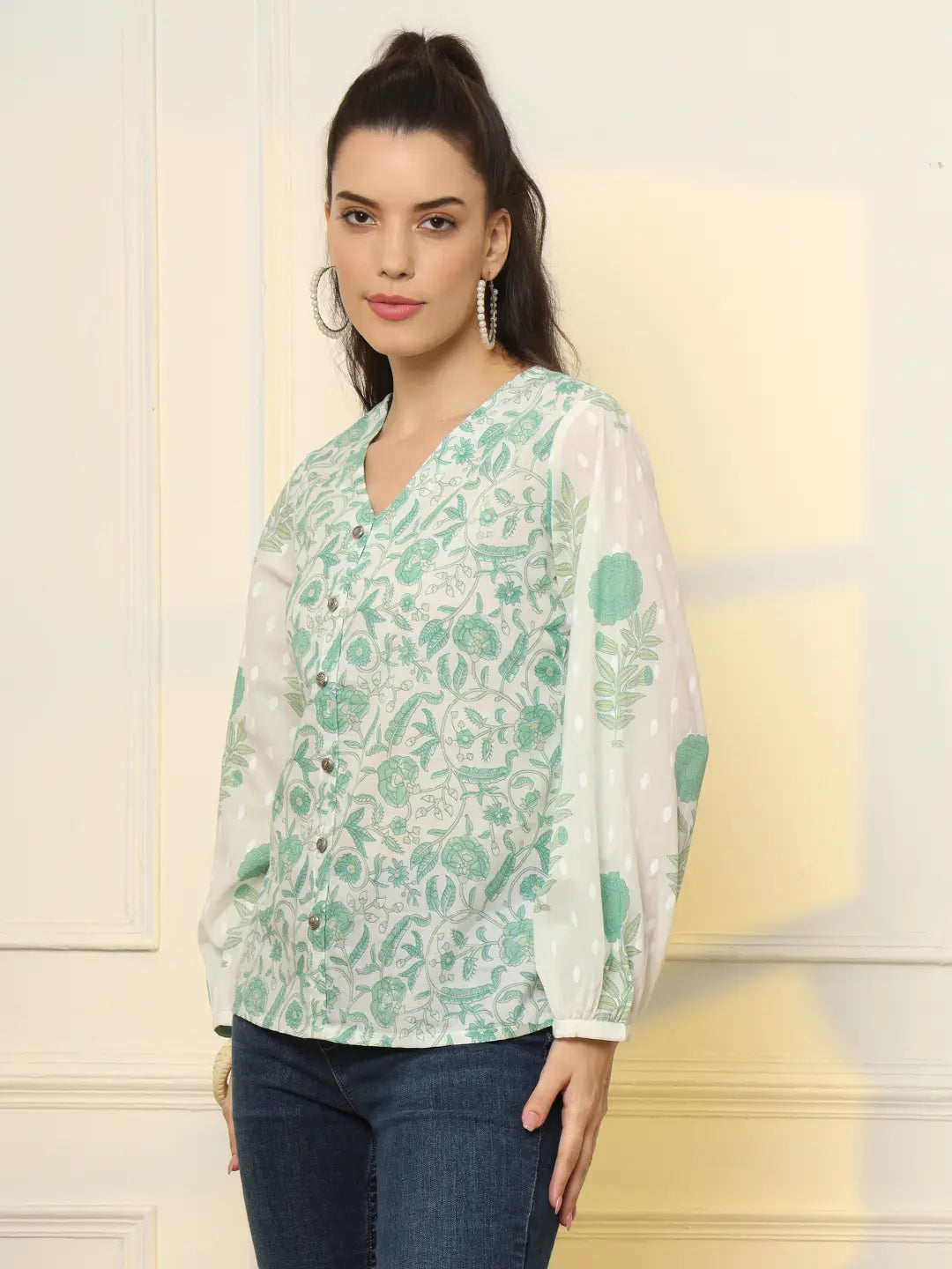 Yufta White And Green Printed Cotton Top  Grab2Buy Yufta Grab2Buy