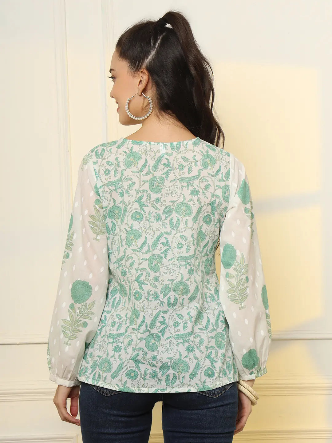 Yufta White And Green Printed Cotton Top  Grab2Buy Yufta Grab2Buy