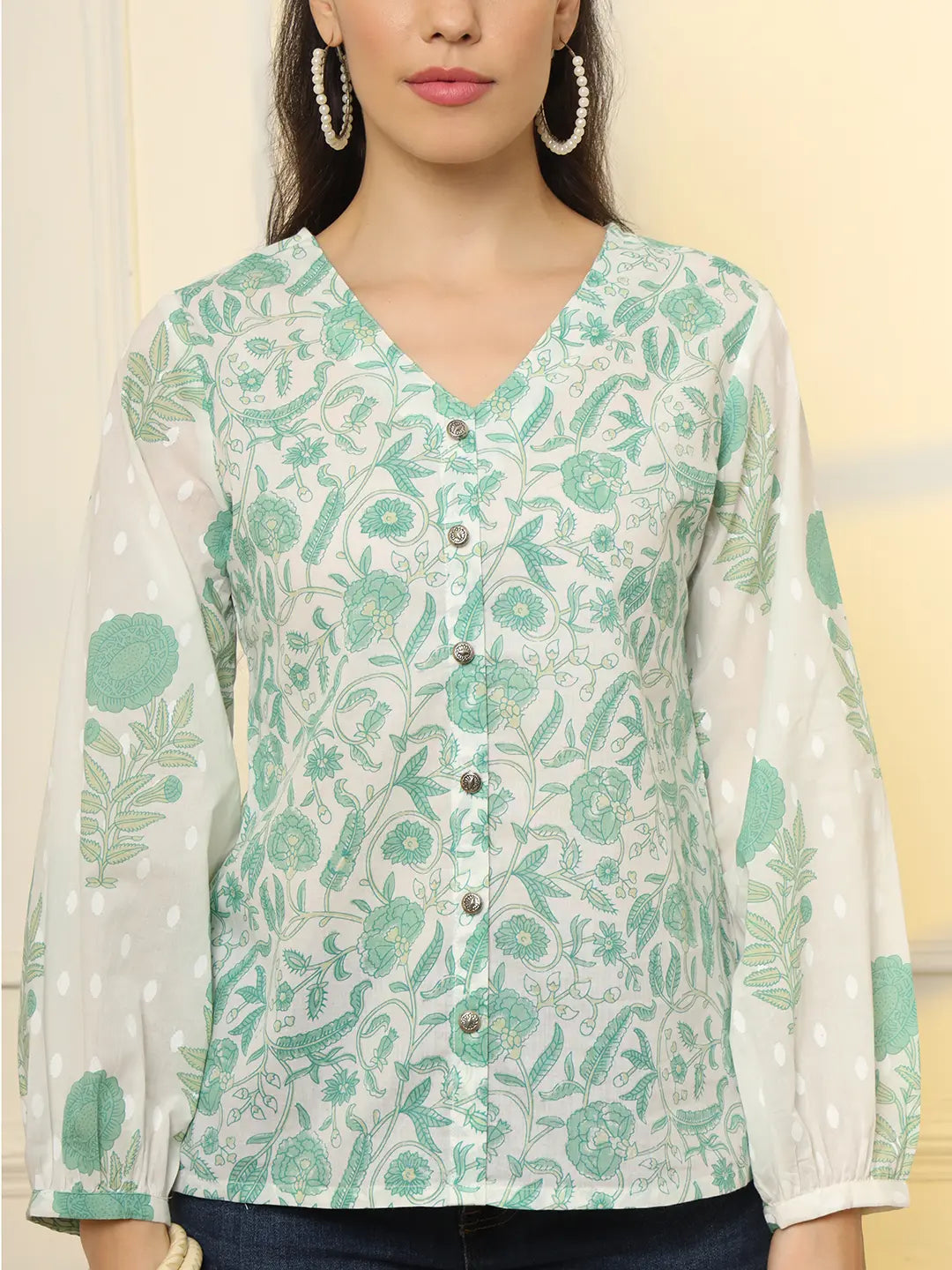 Yufta White And Green Printed Cotton Top  Grab2Buy Yufta Grab2Buy
