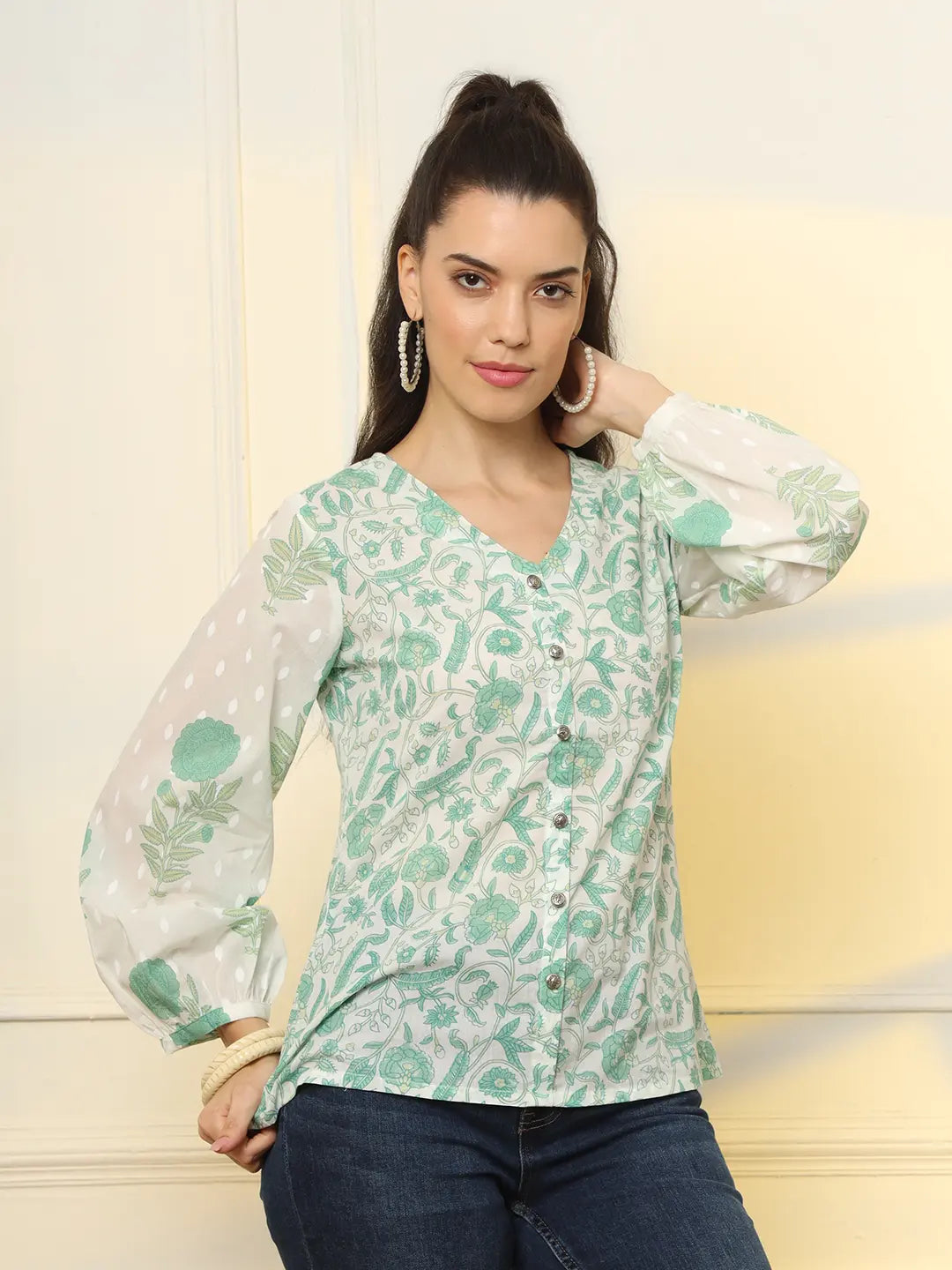 Yufta White And Green Printed Cotton Top  Grab2Buy Yufta Grab2Buy