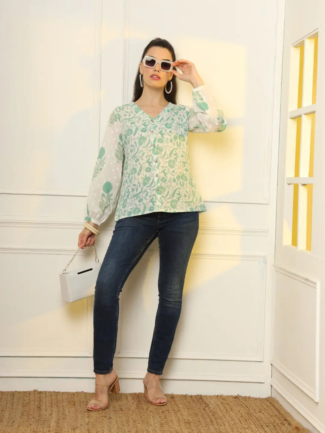 Yufta White And Green Printed Cotton Top  Grab2Buy Yufta Grab2Buy